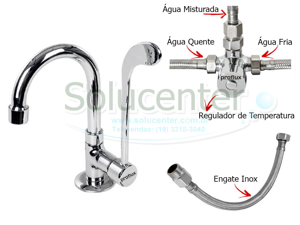 Kit Misturador Clinico Mesa Lavatório Bica Móvel (Torneira, Valv. Misturadora e 3 engates) 51.226